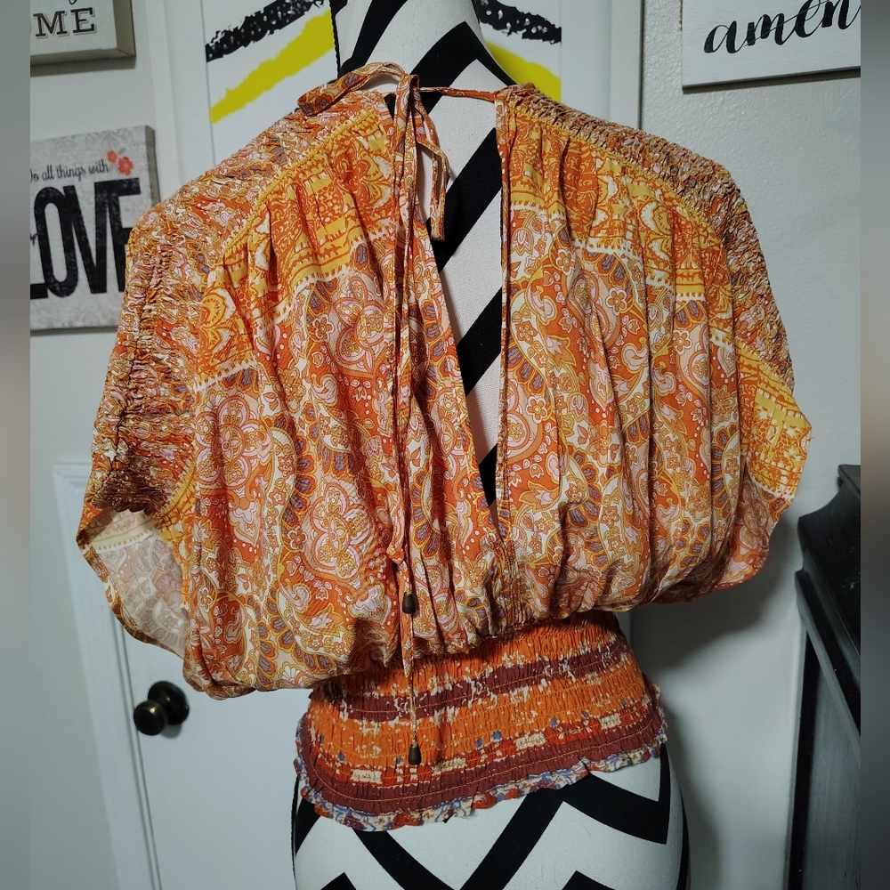 Rachel Zoe Cropped Paisley Orange Top Women's Medium Bohemian Hippie Scandigirl - Picture 4 of 6